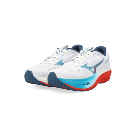 Scarpe Running Mizuno Wave Rider 30; Scarpa da corsa ammortizzata e stabile con tomaia traspirante in mesh e suola durevole. Modello performante e leggero per lunghe distanze. Vista frontale laterale 