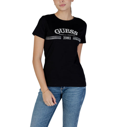 T-shirt Guess Active donna nera con stampa manica corta scollo tondo 100% cotone - vista frontale indossata da modello

