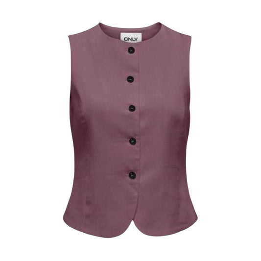 Only Gilet bordeaux Onlgoa Lino-Viscosa; chiusura a 5 bottoni, scollo arrotondato, tessuto leggero. Perfetto per tailleur estivi o look a pelle. Vista frontale stesa 