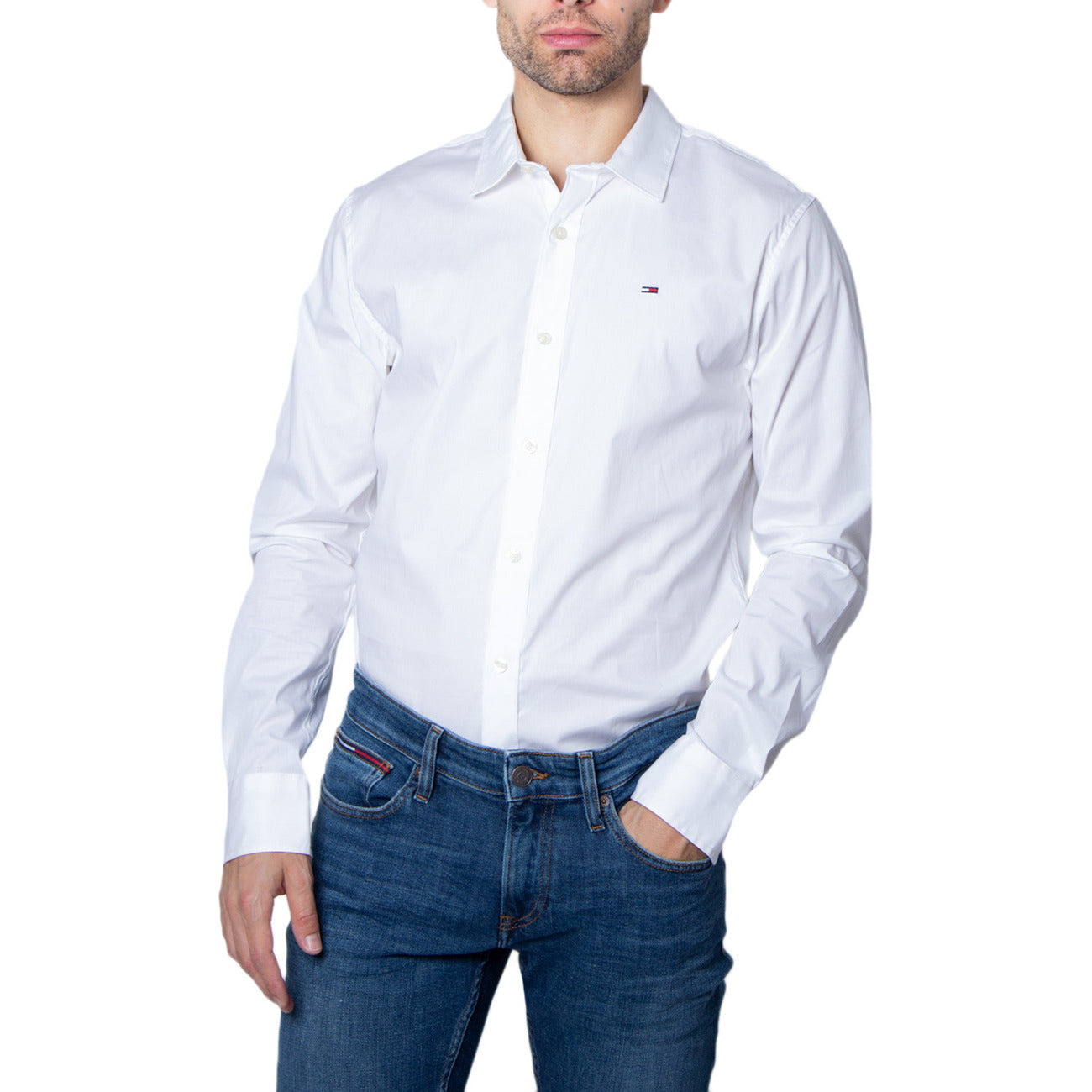 Tommy Hilfiger Camicia Uomo Bianco Monocromo Manica Lunga Bottoni Colletto Classico 97% Cotone 3% Elastan Autunno/Inverno DM0DM04405