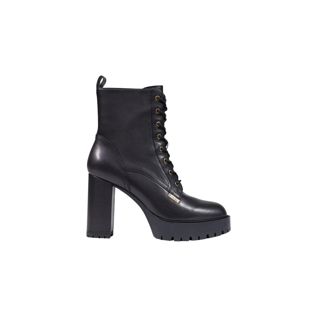 Stivaletti Pinko CLARA 03 neri tacco alto donna SD0581P001. Anfibi eleganti in pelle nera con tacco largo squadrato da 10 cm, fondo con carrarmato, zip laterale per la calzata e logo applicato, scarpe da donna mezza stagione.