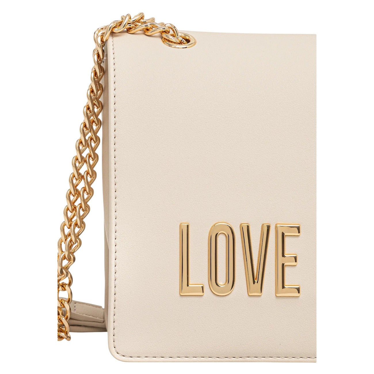 Borsa Love Moschino donna bianca a spalla modello JC4192PP1. Borsetta media con patta bianca, tracolla a catena oro e maxi logo scritte dorate sul davanti, stile elegante, casual chic e da giorno o estate.