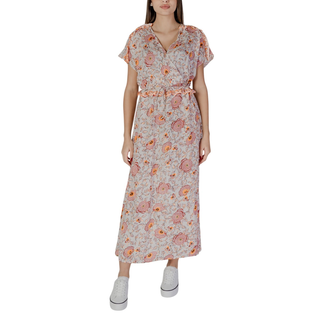 Abito lungo B.young rosa con maniche corte e scollo a V - vista frontale