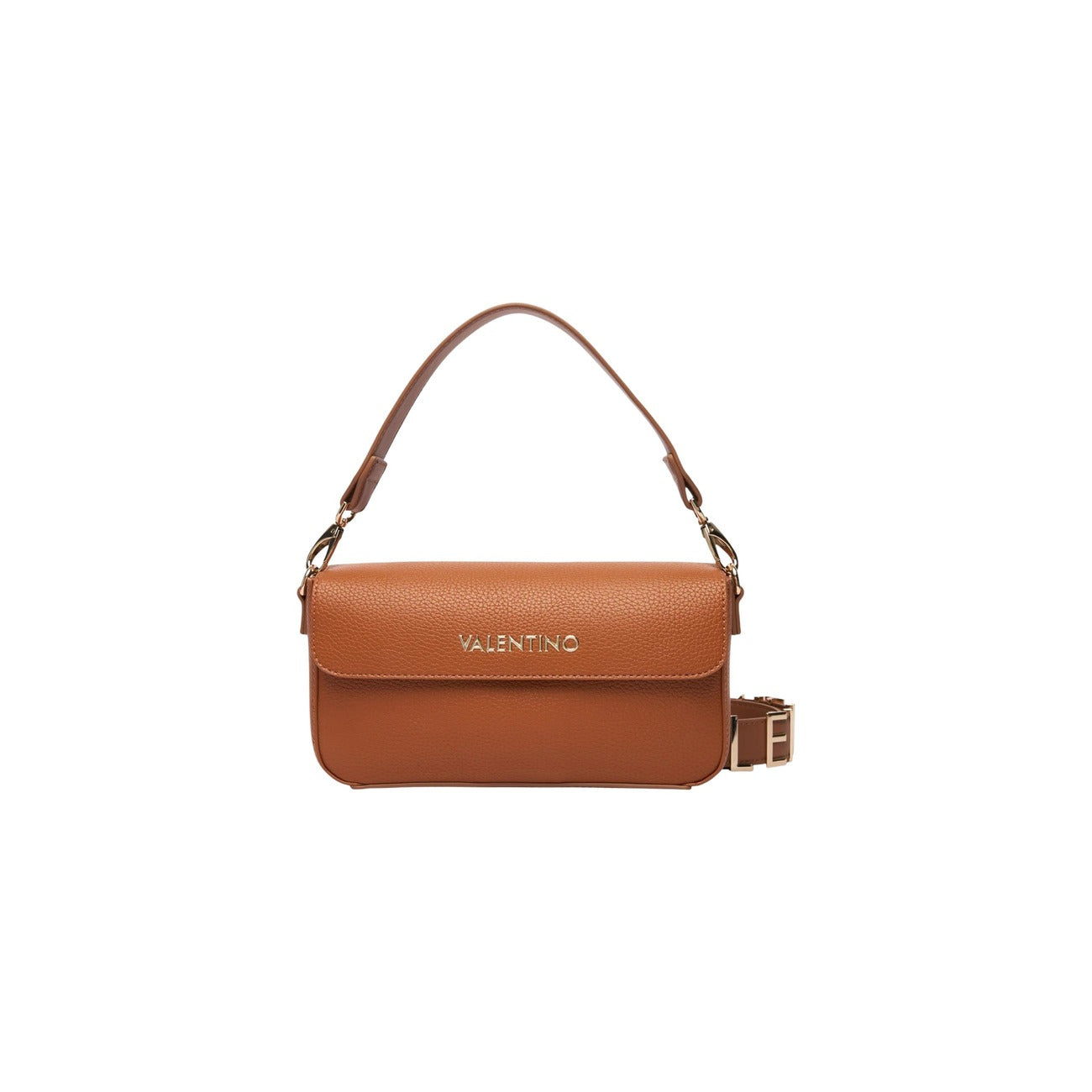 borsa marrone è il modello Alexia di Valentino Bags, realizzata in poliuretano nero con chiusura a patta e logo in rilievo. Vista frontale con Dettaglio logo 