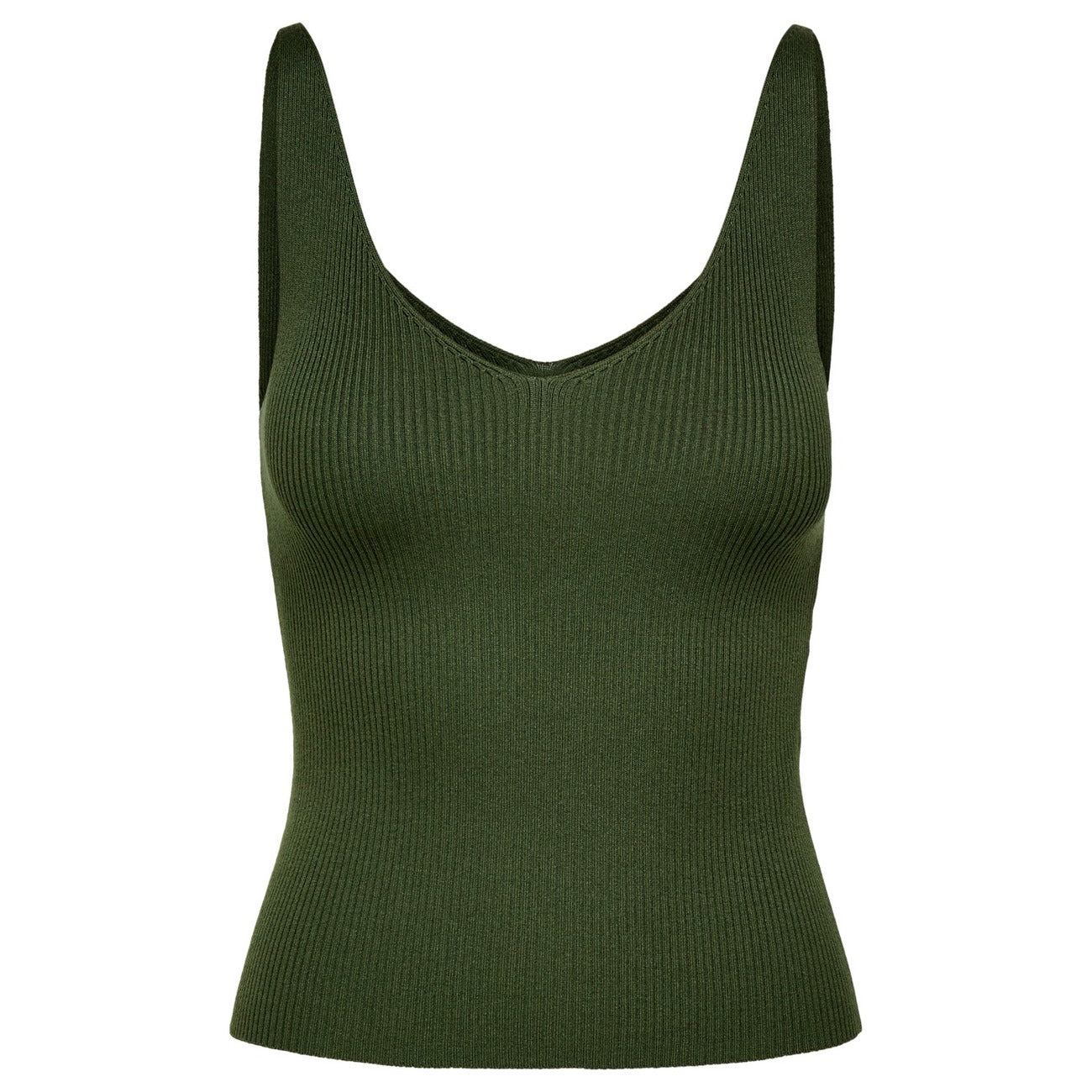 Canotta JDY Anna; Verde. 80% Viscosa, 20% Nylon. Maglia leggera, scollatura a V profonda, vestibilità slim. Capo essenziale e morbido, stile casual-chic.