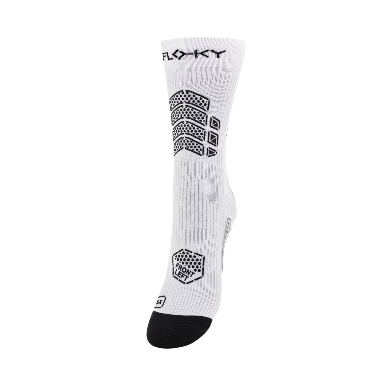 Floky AXSIST 2.0 Football Socks; tecnologia Kinesio Tape, grip integrato, compressione graduata e filato da plastica riciclata. La calza definitiva per stabilità e recupero. Colore bianco. Vista frontale Stesa