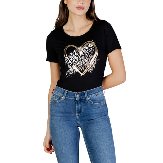 T-shirt Morgan De Toi donna nera con stampa cuore maniche corte scollo tondo 50% cotone 50% modal - vista frontale indossata da modello figura intera
