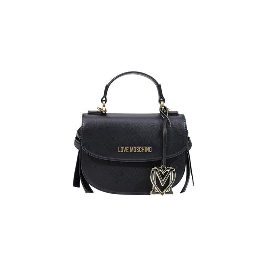 Borsa Love Moschino donna nera a mano e tracolla modello JC4057PP. Borsetta piccola rigida effetto pelle martellata nera con fiocchi laterali, patta e charm dorato con iniziali stile elegante, romantico e da sera.