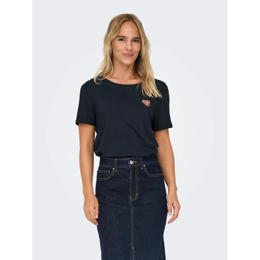 T-shirt Donna Blu Navy Only Kita Life; Maglietta a maniche corte in cotone tinta unita con girocollo. Piccolo logo sul petto, stile casual e continuativo quattro stagioni. Vista frontale 