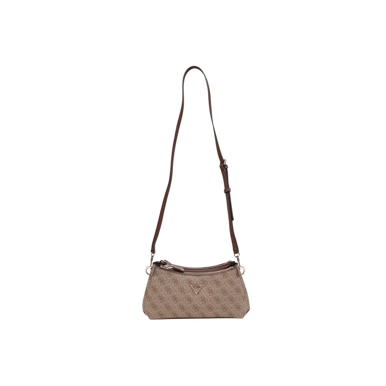 Guess Noelle II Shoulder Bag; borsa marrone logata con triplo scomparto e doppia portabilità. Dettagli hardware gold, stile iconico e massima praticità quotidiana. Vista frontale con tracolla 