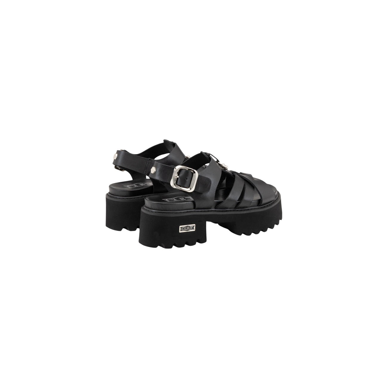 Cult Cher 4535; Sandalo Platform Intrecciato Nero. 100% Pelle, tacco 5 cm. Suola carrarmato robusta, chiusura alla caviglia, dettagli metallici iconici. Laterale posteriore 