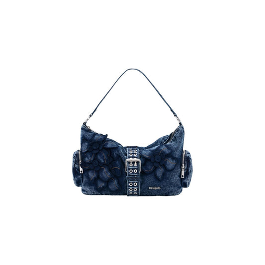 borsa a mano Desigual Medium Floral in denim blu Vista frontale 