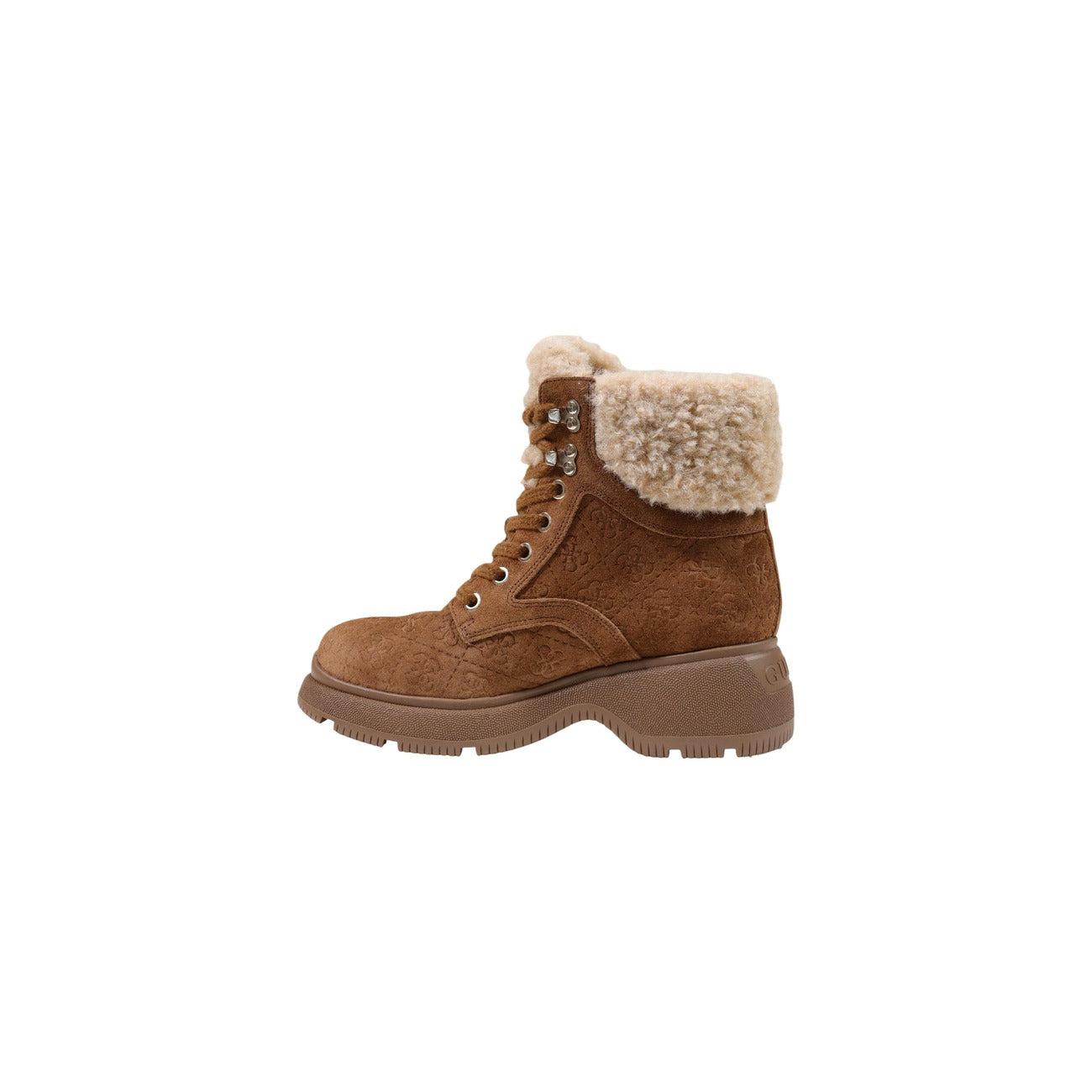 Stivaletti anfibi Guess Vikki FLFVIK SUE10 donna. Scarponcini invernali effetto velluto con logo impresso, risvolto caldo in ecopelliccia imbottita, tacco comodo 6 cm e suola carro armato antiscivolo.