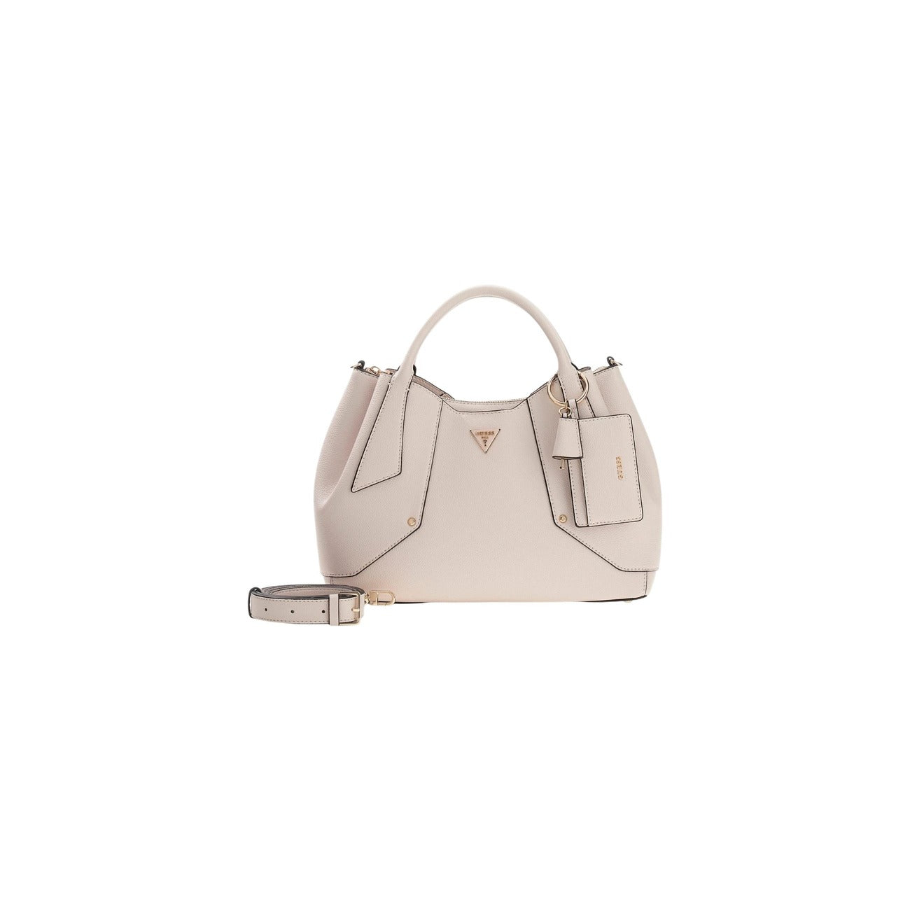 borsa a mano Guess Darcy Girlfriend Satchel in similpelle color pietra. Vista frontale con tracolla 