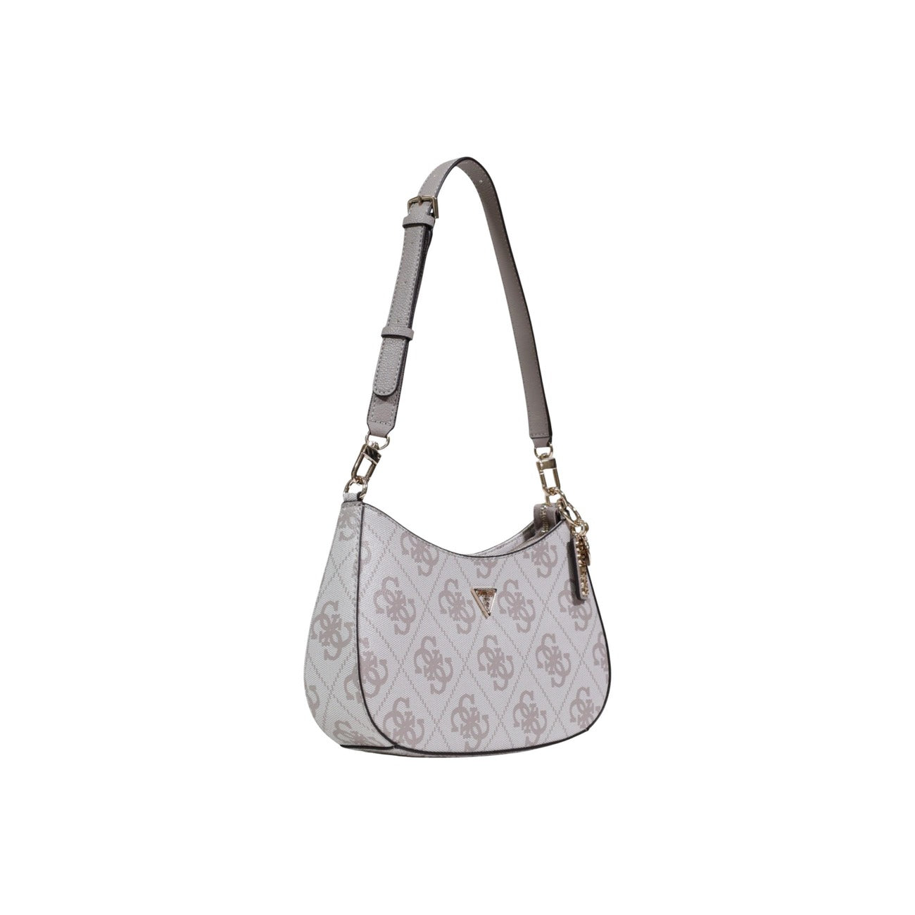 Guess Noelle II Shoulder Bag; 100% Poliuretano. Stampa 4G Beige, chiusura zip, metalleria dorata. Borsa donna a mano 29x18x6 cm con tasche esterne ed interne. Vista frontale laterale 