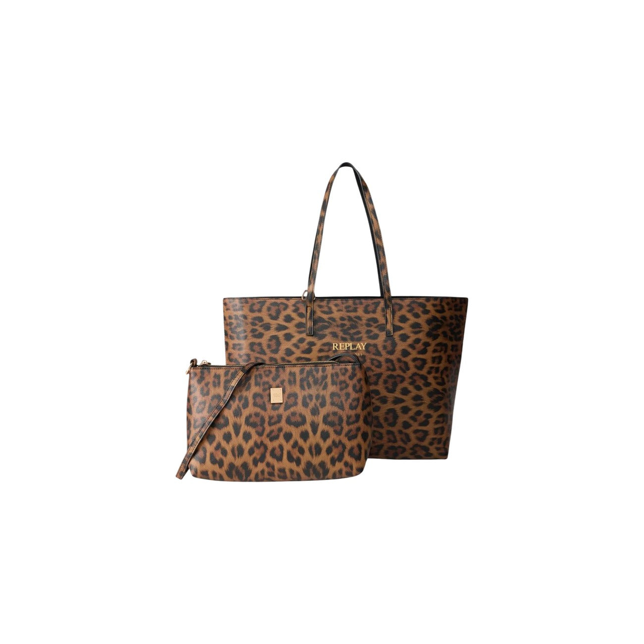 Shopper Replay Reversibile; Effetto Suede e Animalier. Include pochette interna con zip, doppi manici e lettering Replay. Dimensioni 35x27x12 cm. Borsa shopper versatile per shopping e tempo libero. Vista frontale borsa con pochette