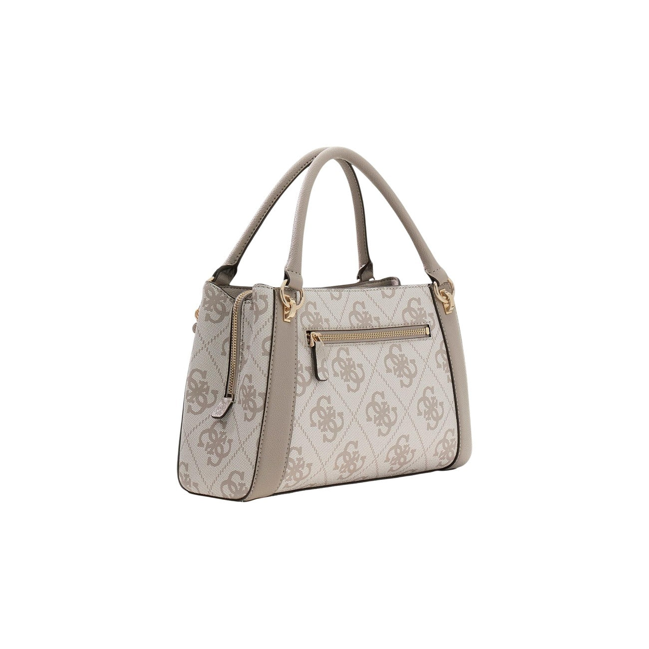 Borsa Guess Karnilla Logo Satchel Beige; 100% Poliuretano. Stampa logo 4G, dettagli dorati, tracolla inclusa. Borsa a mano capiente con chiusura sicura zip e bottoni. Vista posteriore 