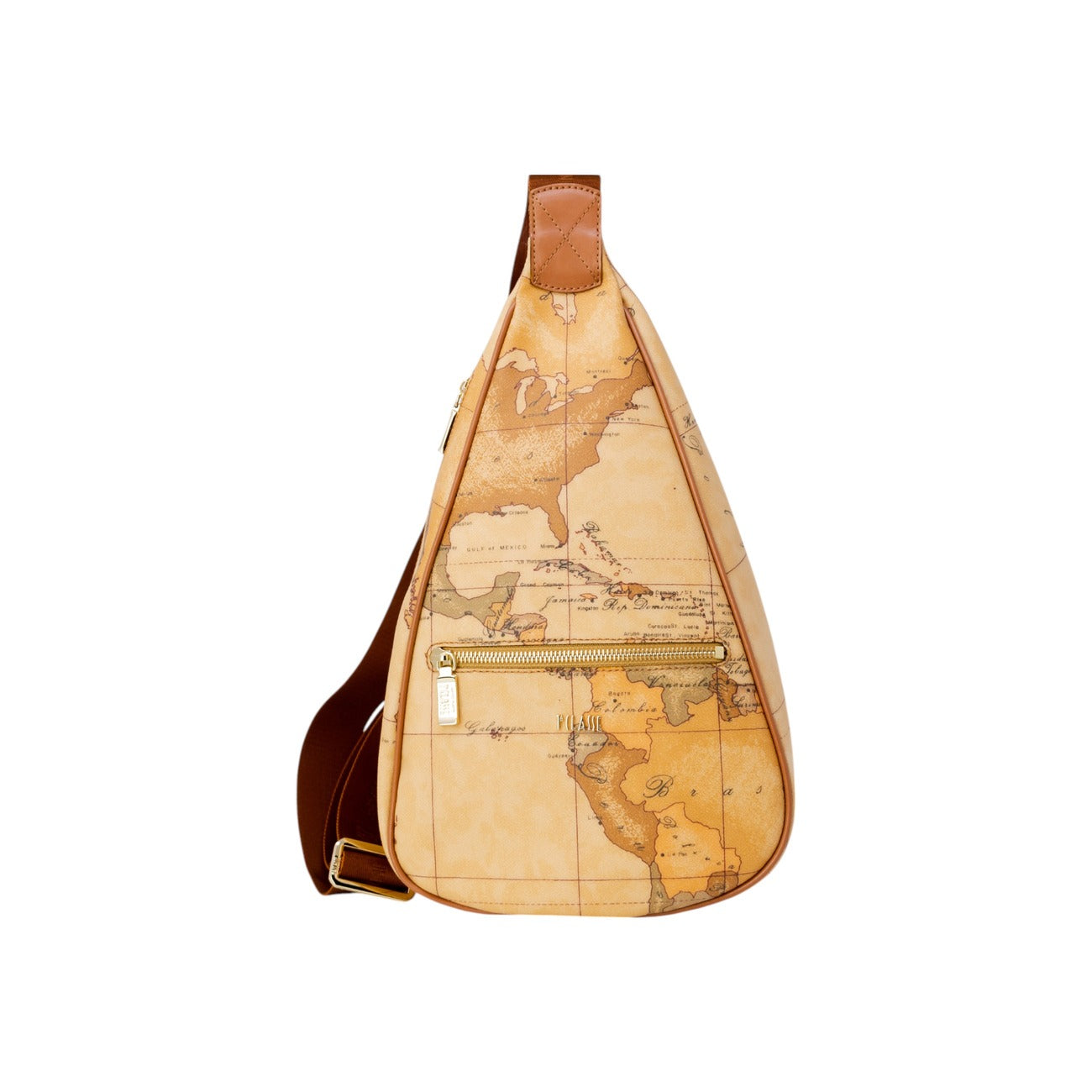 Zaino Monospalla Donna Alviero Martini Prima Classe; Marrone Geo Classic. Tessuto jacquard stampato con profili in pelle e zip oro. Tracolla singola regolabile, forma a goccia compatta e profonda (22x35 cm). Frontale 