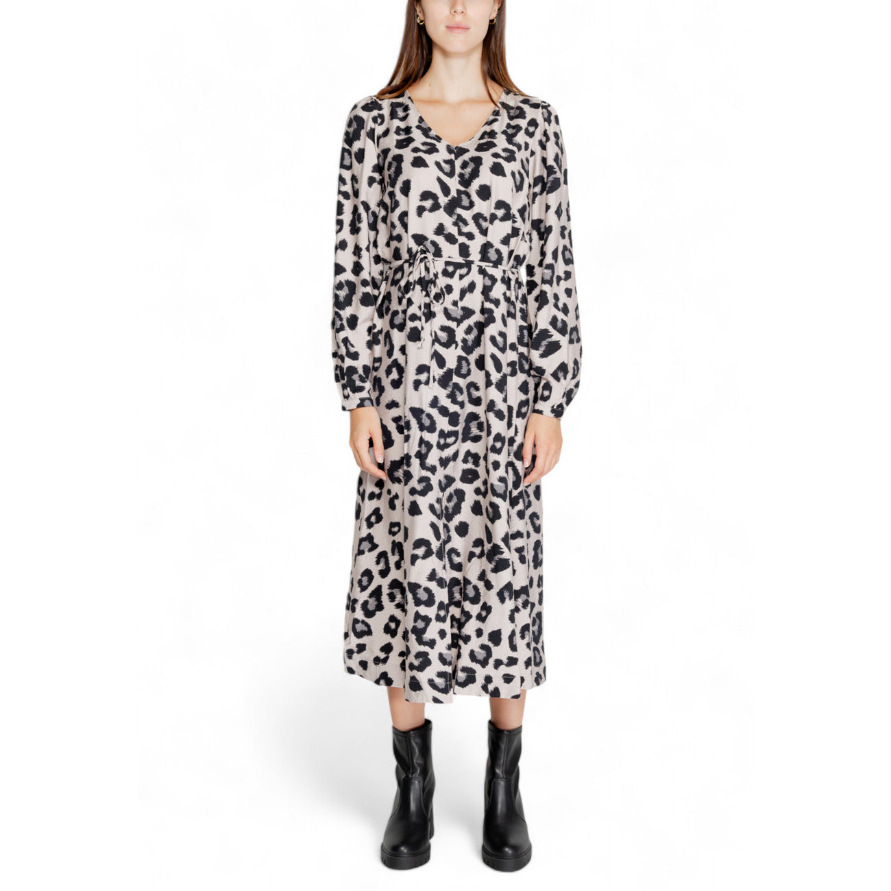 Abito midi Jacqueline De Yong grigio leopardato con lacci e maniche lunghe - vista frontale