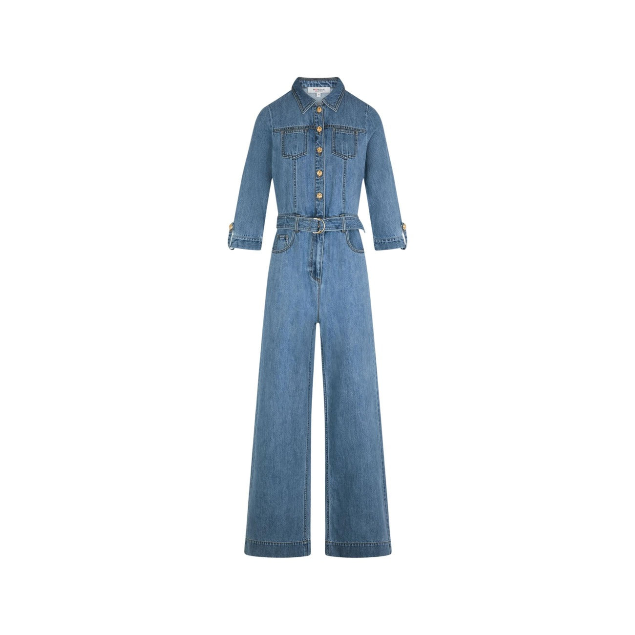Jumpsuit di jeans Morgan De Toi Pima in 100% cotone, maniche a 3/4, chiusura con bottoni e cintura in vita; vestibilità a gamba larga e stile contemporaneo. Vista frontale Stesa