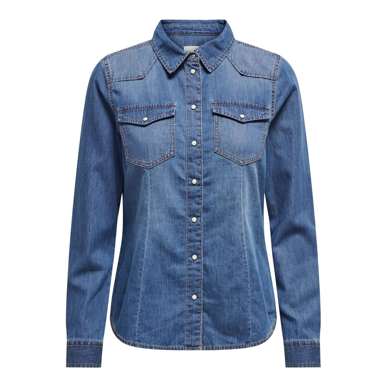 Camicia jeans corta Only donna 15315185. Camicia di jeans a maniche lunghe in puro cotone blu e medio con bottoni automatici, taschini sul petto e taglio corto, giacca camicia denim estiva Primavera/Estate Only.