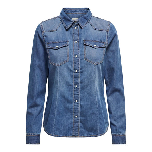 Camicia jeans corta Only donna 15315185. Camicia di jeans a maniche lunghe in puro cotone blu e medio con bottoni automatici, taschini sul petto e taglio corto, giacca camicia denim estiva Primavera/Estate Only.