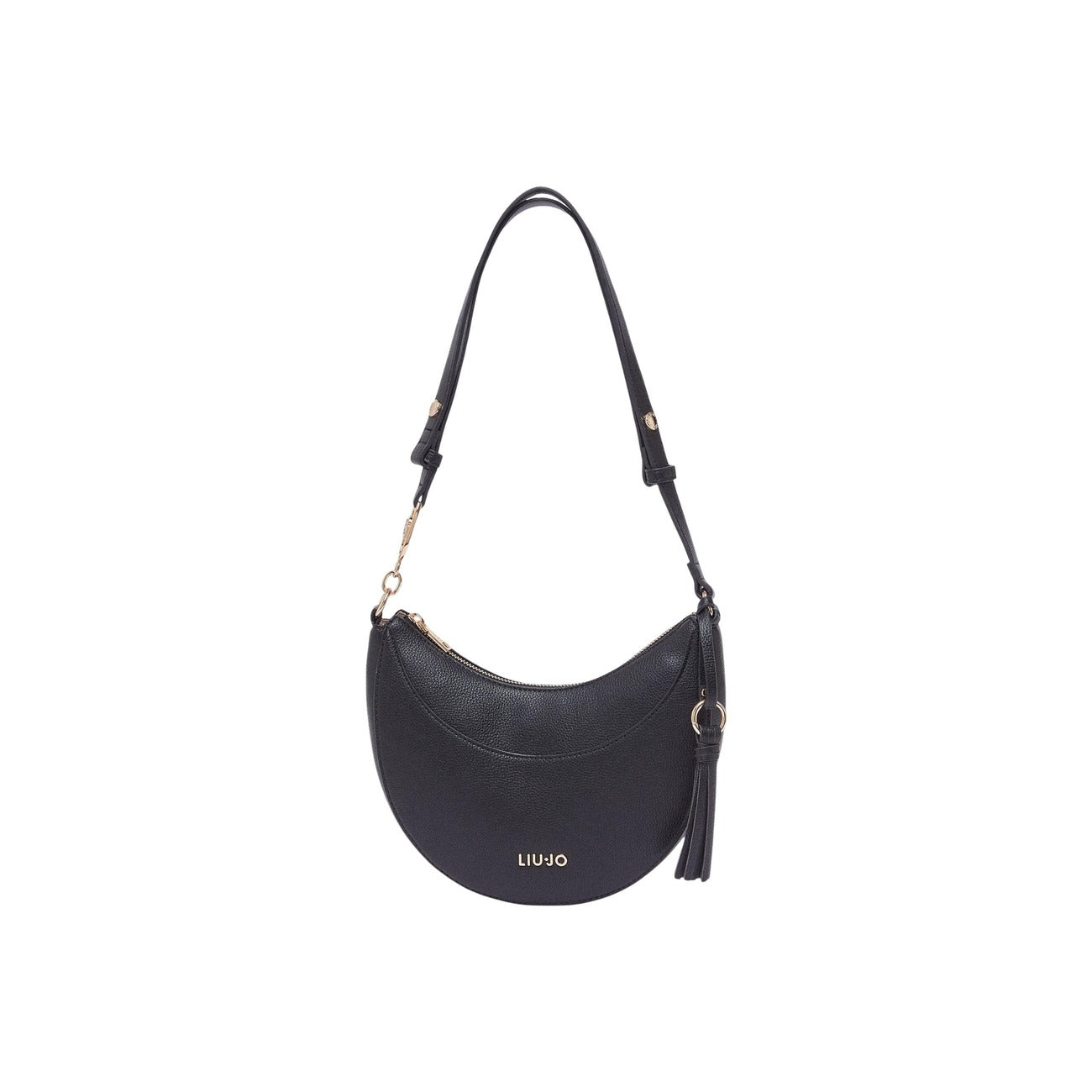 Liu Jo Borsa Hobo media effetto bottalato nero, manico con logo LJ in metallo e charm nappina, chiusura sicura con zip e stile urban sofisticato. Vista frontale con tracolla 
