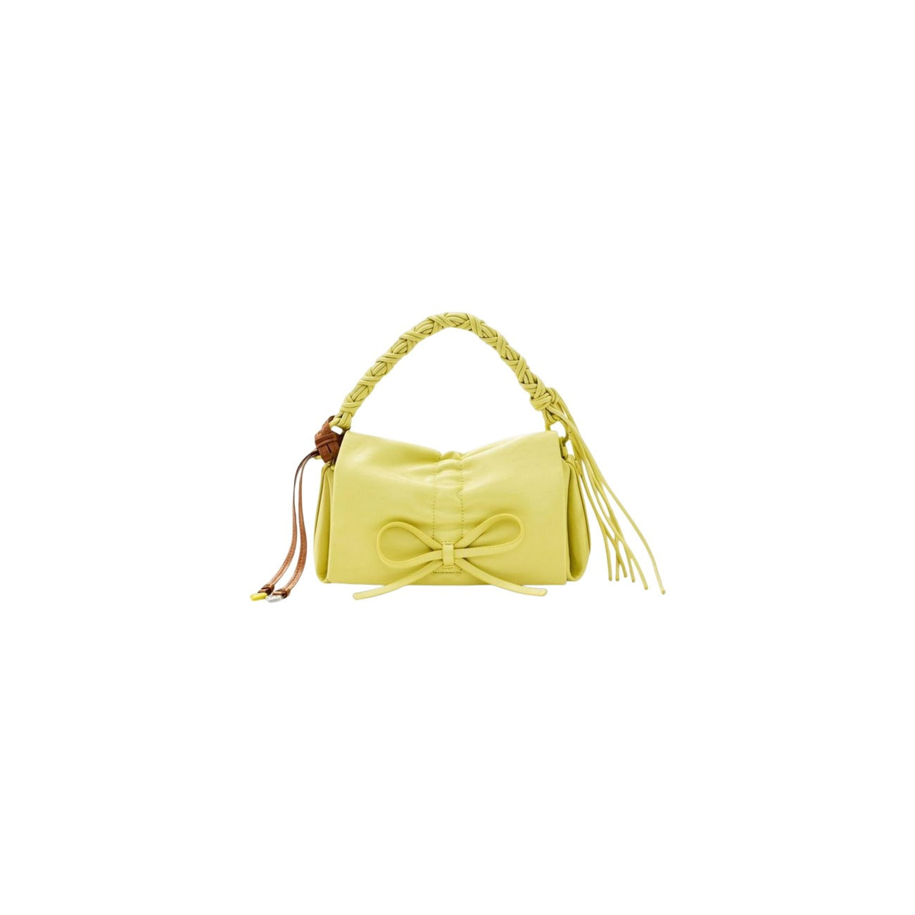 Piccola borsa a tracolla effetto pelle, con finitura lucida, dettaglio fiocco, manici intercambiabili e portachiavi rimovibile.