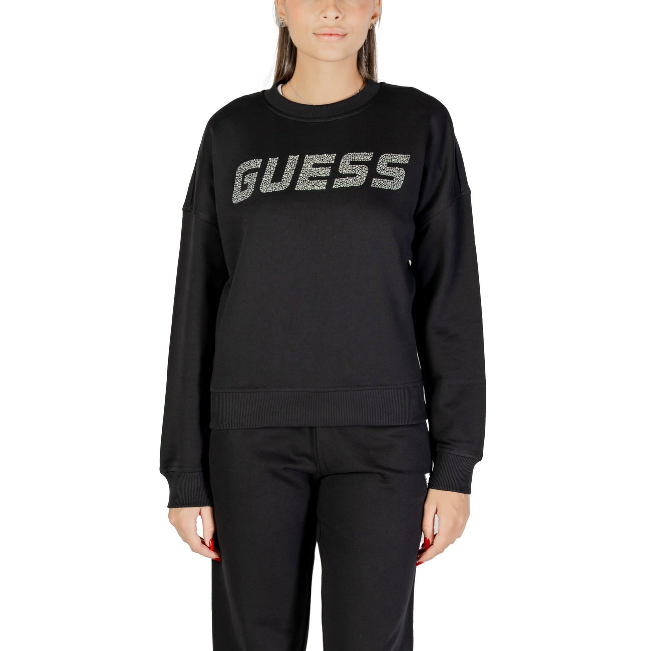 Guess Felpa Donna Nera V5YQ12 KCRP0 - Cotone 100% Strass