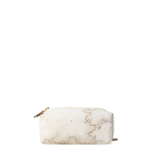Astuccio Alviero Martini Prima Classe Geo White bianco. Pochette e beauty case squadrato da borsa in tessuto con cartina geografica bianca, finiture in pelle naturale e cerniera zip con dettagli oro, accessorio donna primavera estate Made in Italy.