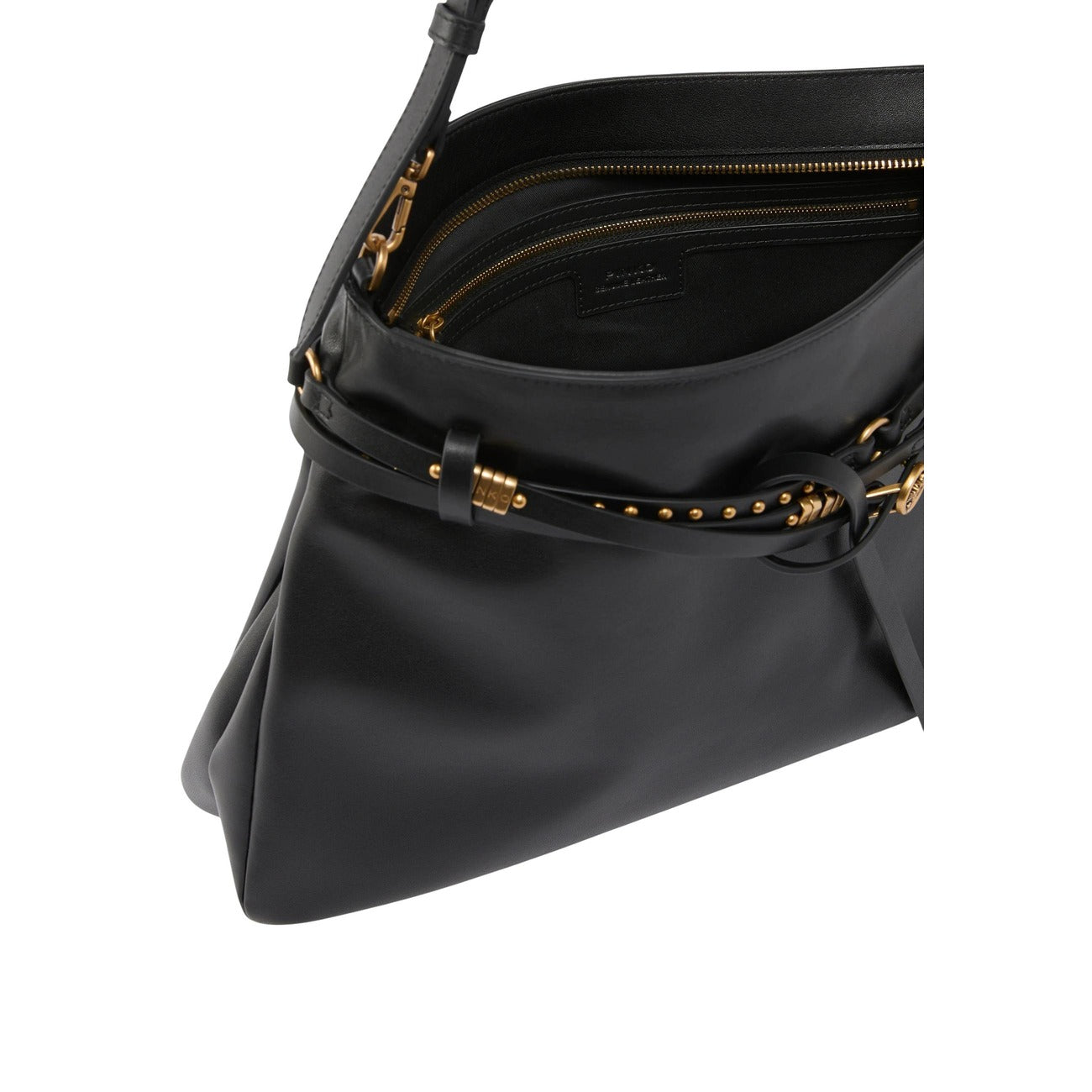 Borsa Pinko Belt Bag Big; 100% Pelle di vacca. Dettagli con cintura multi-giro, borchie e logo Love Birds. Doppia portabilità (spalla/crossbody), chiusura con zip. Design piatto a trapezio, stile unico. Vista apertura 