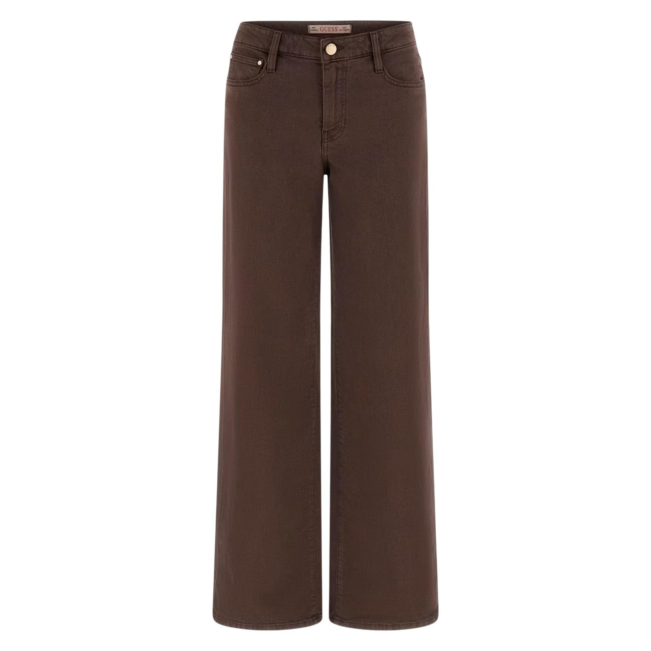 Jeans Guess Sexy Palazzo; Denim Stretch con TENCEL™ Modal. Wide Leg, vita bassa, 5 tasche. Jeans donna ecosostenibili dalla morbidezza superiore e vestibilità fluida. Colore marrone vista frontale Stesa
