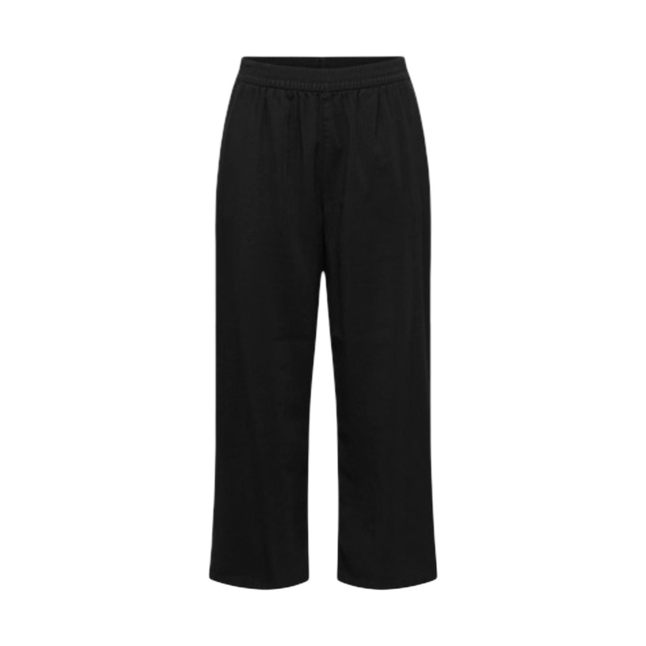 Pantaloni Culotte Only Onlaris; 93% Viscosa Sostenibile. Gamba ampia, vita elastica, tasche laterali. Pantaloni donna freschi, leggeri e facili da abbinare per la PE26. Colore nero vista frontale Stesa 