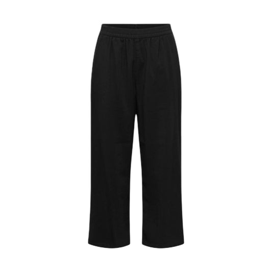 Pantaloni Culotte Only Onlaris; 93% Viscosa Sostenibile. Gamba ampia, vita elastica, tasche laterali. Pantaloni donna freschi, leggeri e facili da abbinare per la PE26. Colore nero vista frontale Stesa 