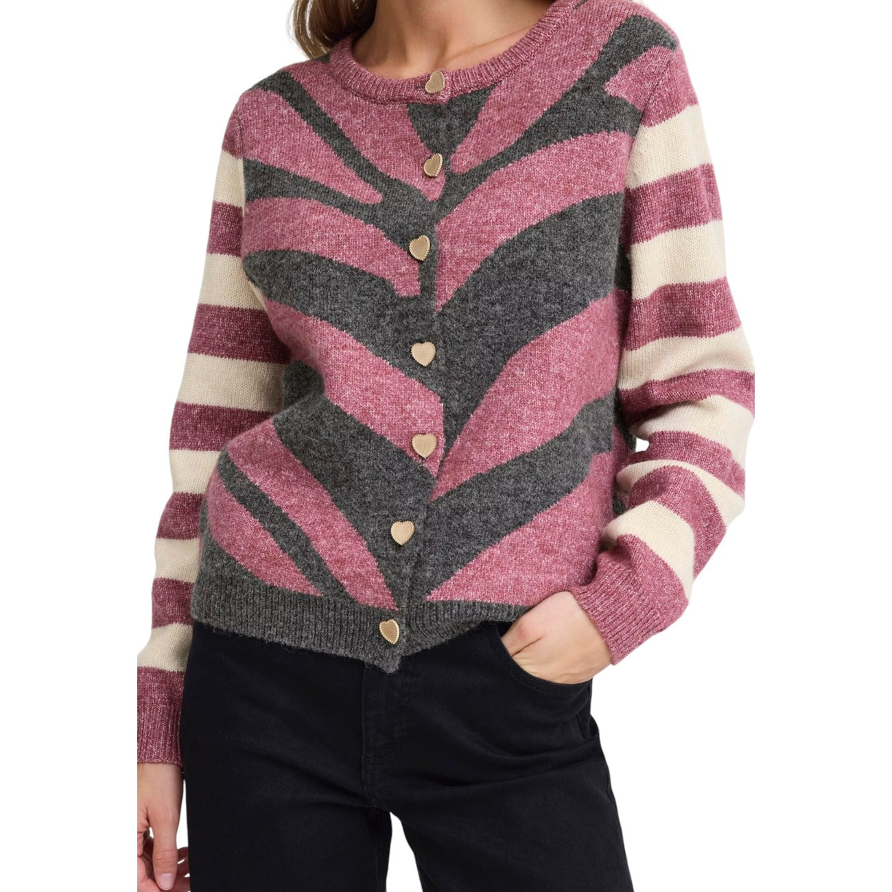 Ichi Cardigan Donna Fucsia Righe Bottoni Manica Lunga Scollo Tondo Poliestere Viscosa Autunno Inverno 20124480