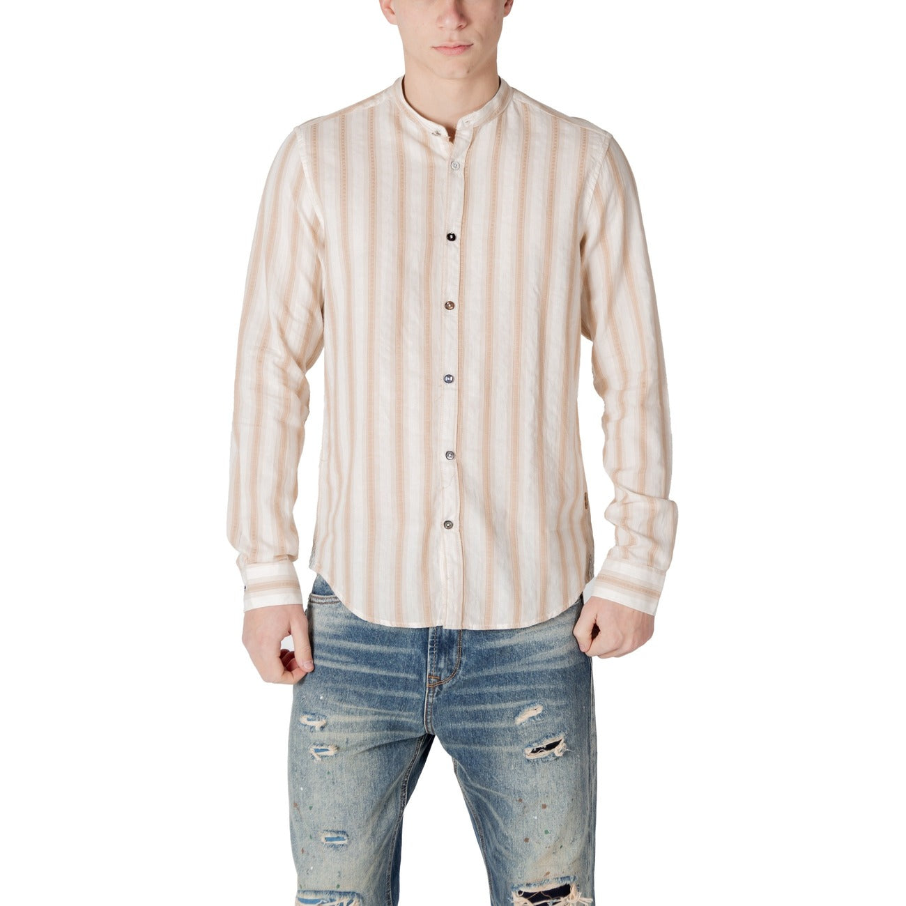 Gianni Lupo Camicia Uomo Beige Righe Manica Lunga Bottoni Scollo Tondo Colletto alla Coreana 100% Cotone Primavera/Estate GL113DA