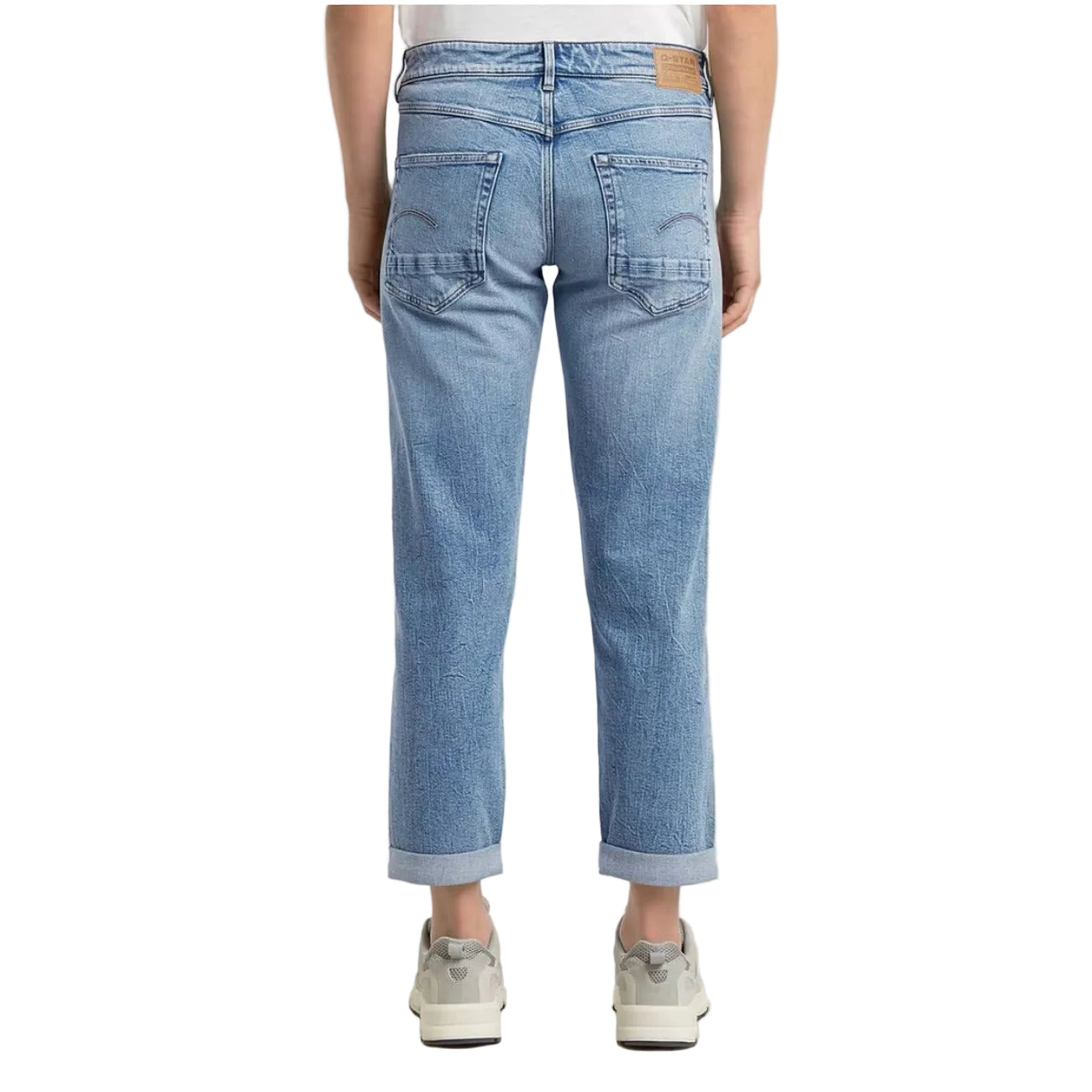 G-Star Kate Boyfriend Jeans; blu denim, 94% cotone rigenerato, vestibilità comoda e vita bassa. Il jeans tapered eco-friendly per la donna moderna. Vista posteriore 