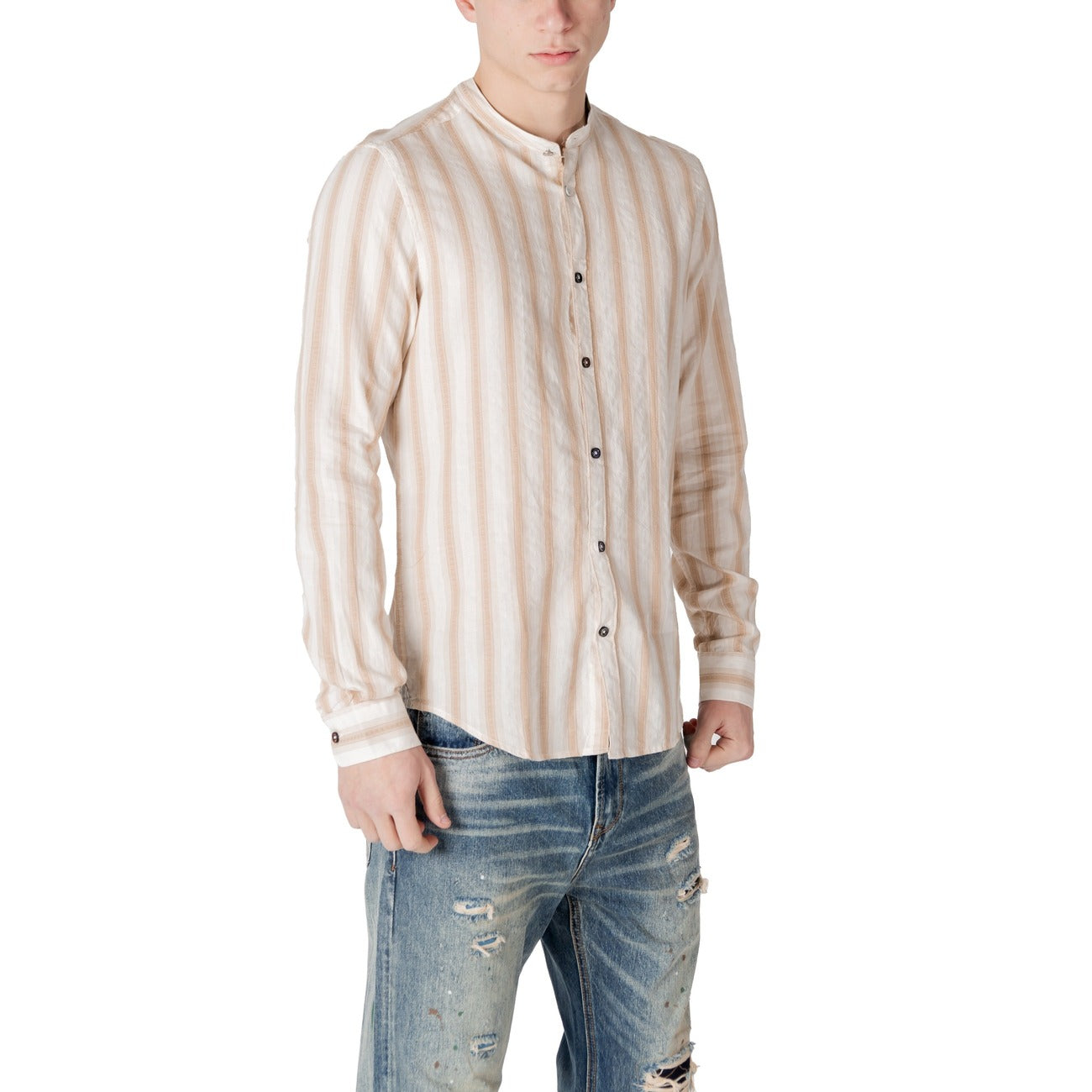 Gianni Lupo Camicia Uomo Beige Righe Manica Lunga Bottoni Scollo Tondo Colletto alla Coreana 100% Cotone Primavera/Estate GL113DA