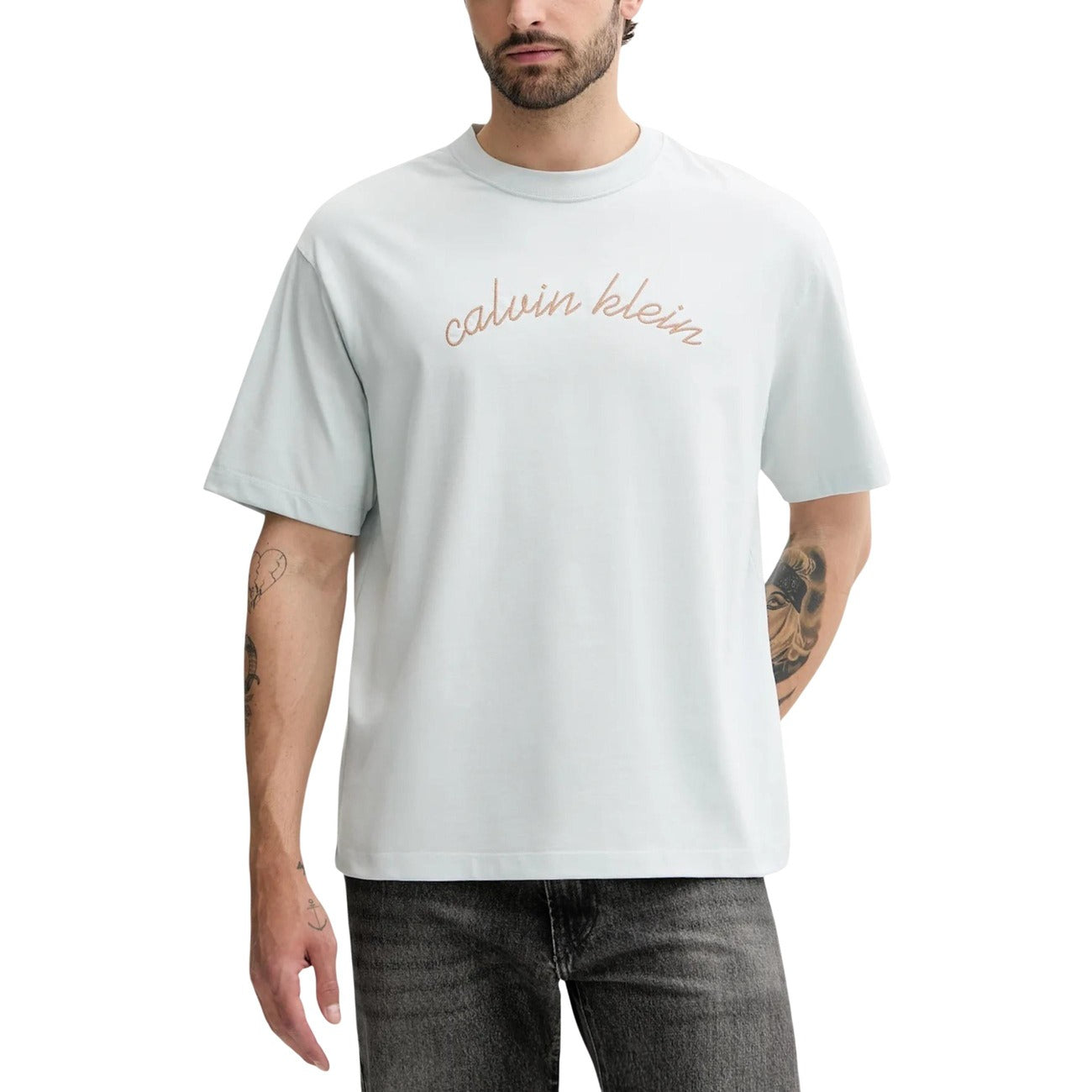 Calvin Klein Jeans T-Shirt Uomo Beige Stampa Manica Corta Scollo Tondo Cotone 100% Autunno Inverno LV04RC225G