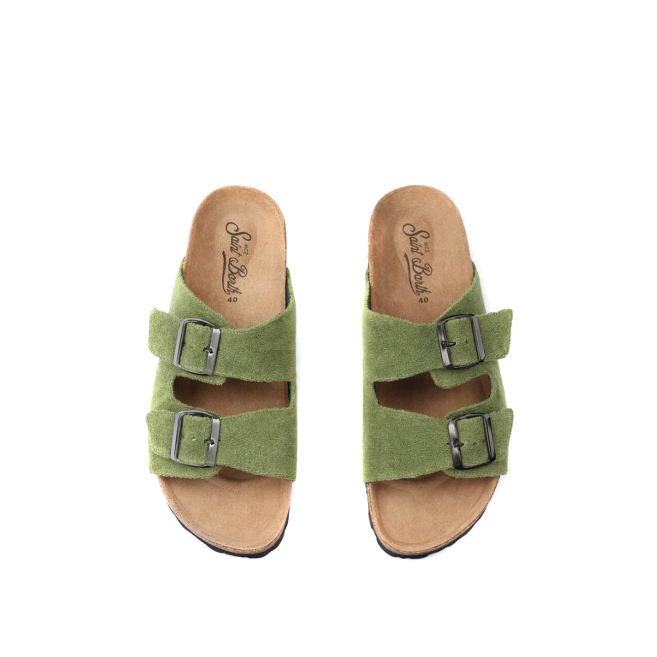 Sandali in Spugna Mc2 Saint Barth; Verde Militare. Doppia fascia regolabile, plantare in sughero, tomaia 100% cotone. Leggeri, originali e confortevoli per l'estate. Viste dall’alto 