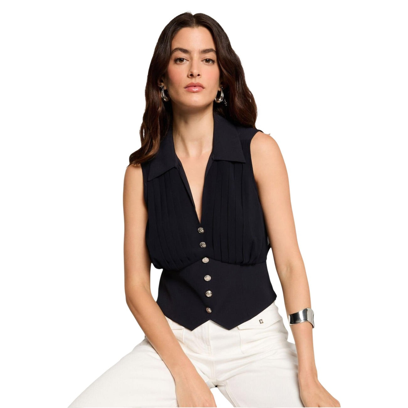 Morgan De Toi Top Donna Bianco Smanicato con Cerniera Scollo a V Colletto Classico 100% Poliestere Autunno/Inverno 242-OPLI