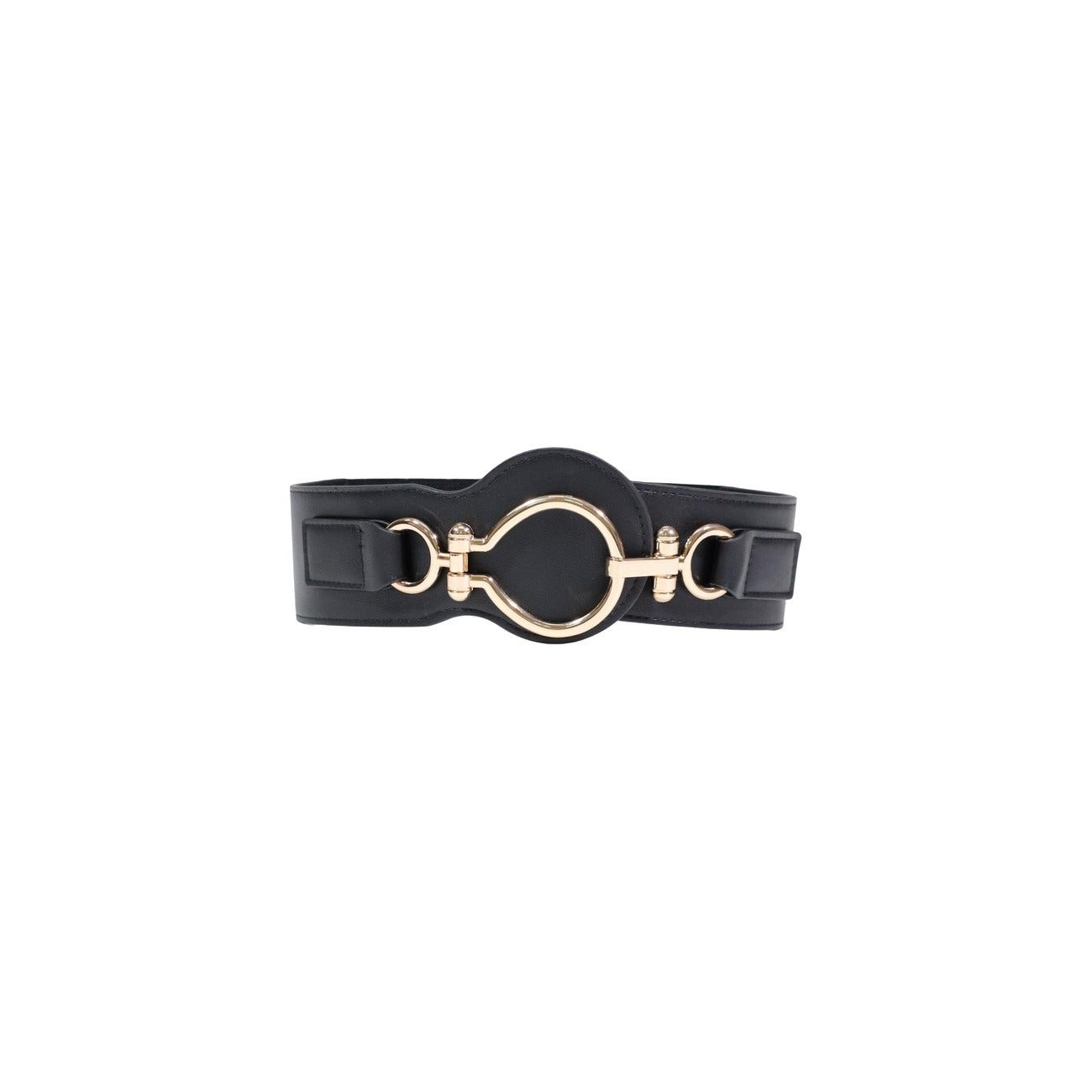 Cintura a fascia Morgan De Toi; Nero/Oro. Altezza 10 cm, 100% poliuretano. Fibbia metallica dorata, stile elegante e modellante. Ideale per definire la silhouette. Frontale 