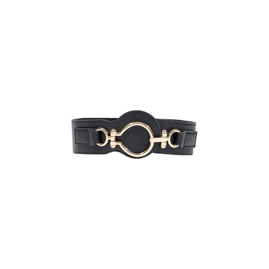 Cintura a fascia Morgan De Toi; Nero/Oro. Altezza 10 cm, 100% poliuretano. Fibbia metallica dorata, stile elegante e modellante. Ideale per definire la silhouette. Frontale 