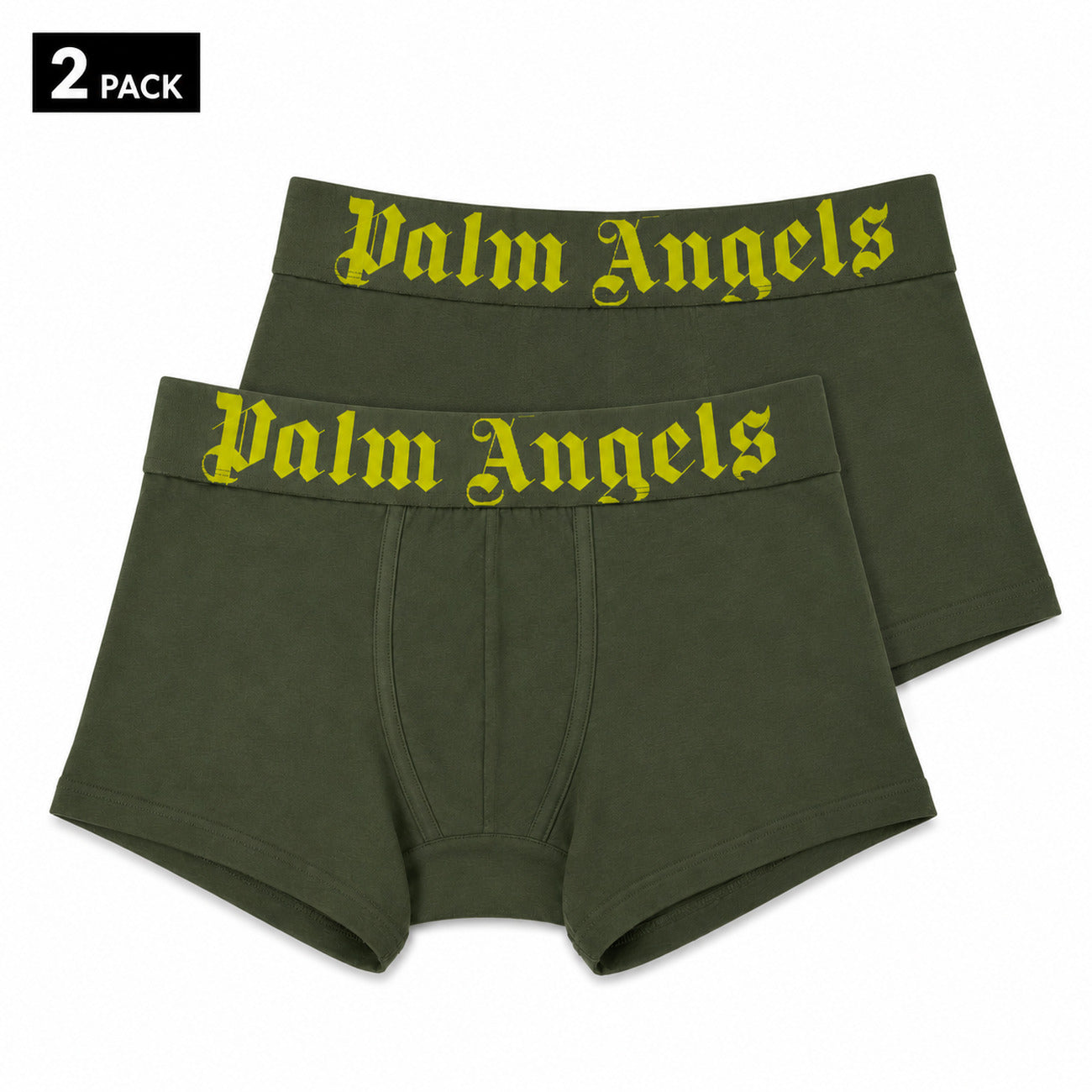 Set 2 Boxer Palm Angels; Verde/Giallo. Fascia logata iconica, cotone elasticizzato premium, vestibilità aderente. Il tocco streetwear definitivo per l'intimo quotidiano.