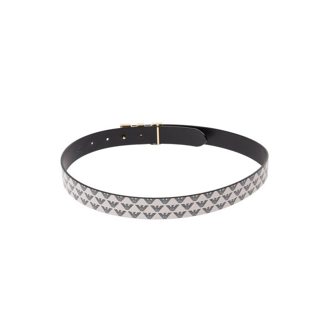 Cintura Emporio Armani Bianca; Pattern Aquila. Fibbia metallica dorata sagomata, altezza media. Realizzata in Italia. Accessorio versatile per blazer e pantaloni, stile Primavera/Estate. Vista posteriore 
