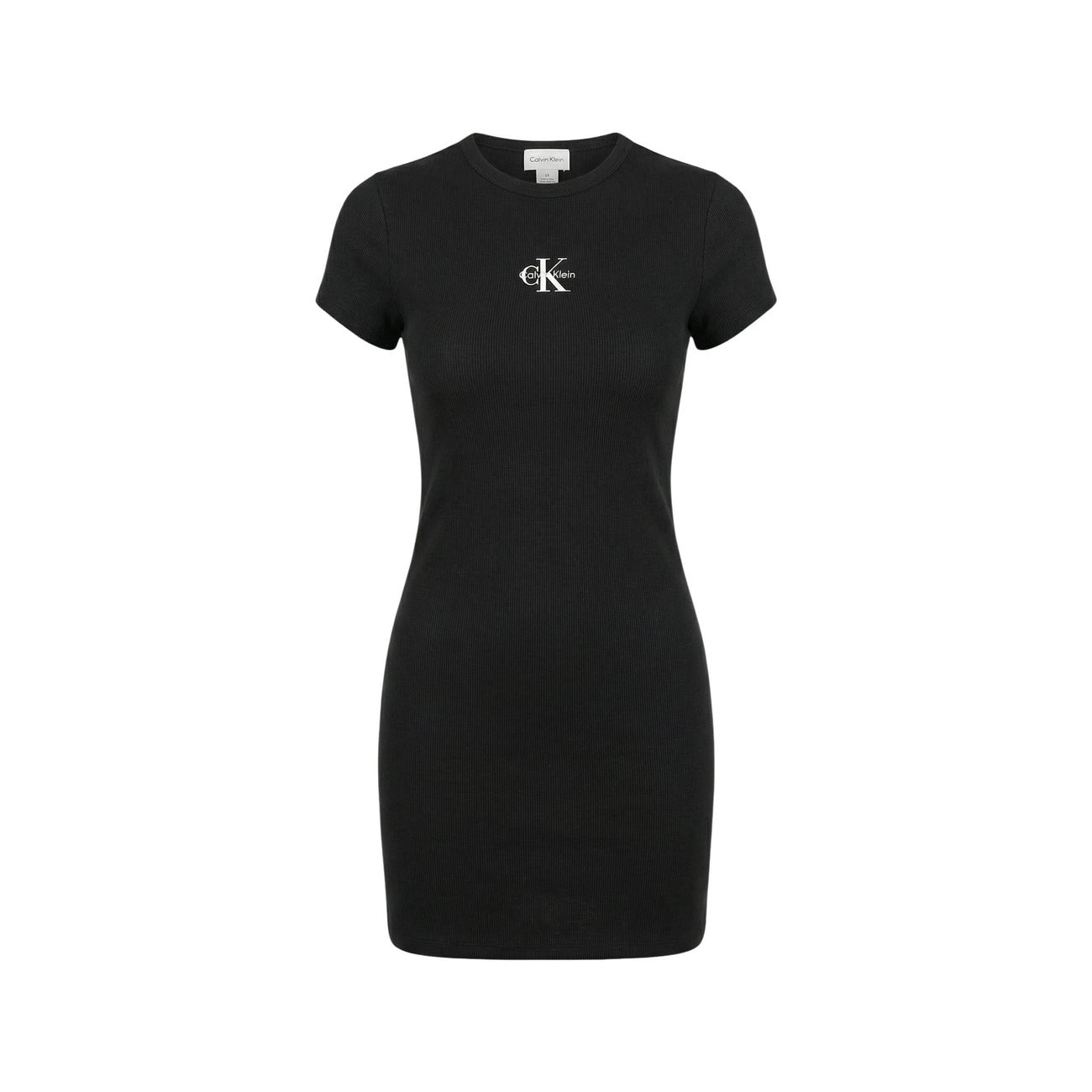 Vestito corto nero aderente Calvin Klein Jeans in cotone e lycra, modello a maniche corte con logo iconico ricamato. Vista frontale 