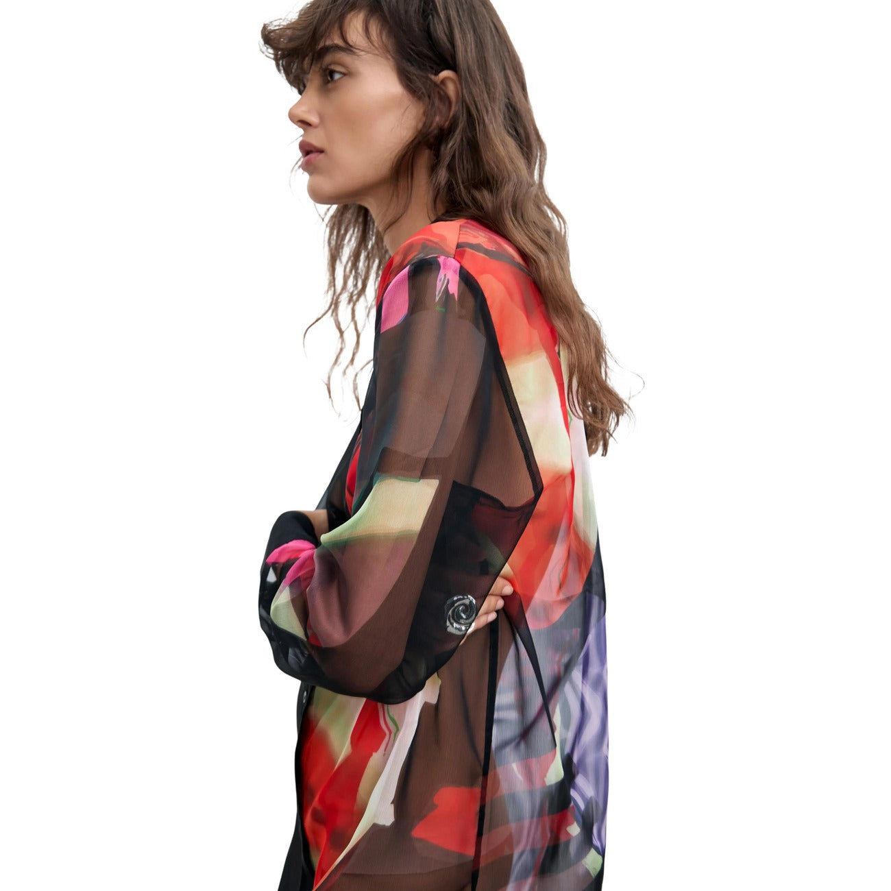 Abito Desigual Christian Lacroix donna nero VEST_MAMEN_LACROIX. Vestito chemisier bimateriale a maniche lunghe stampate e colletto camicia, realizzato in tessuto ecosostenibile riciclato, collezione autunno inverno.