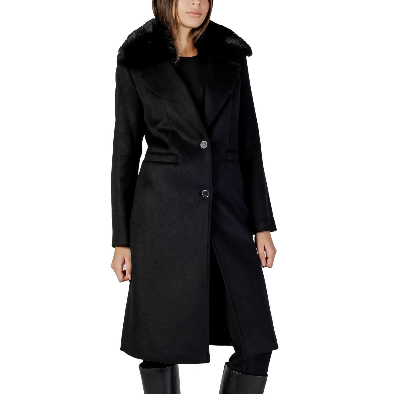 Guess Cappotto Donna Nero con Bottoni Maniche Lunghe - Cappotto Lana Poliestere Tasche