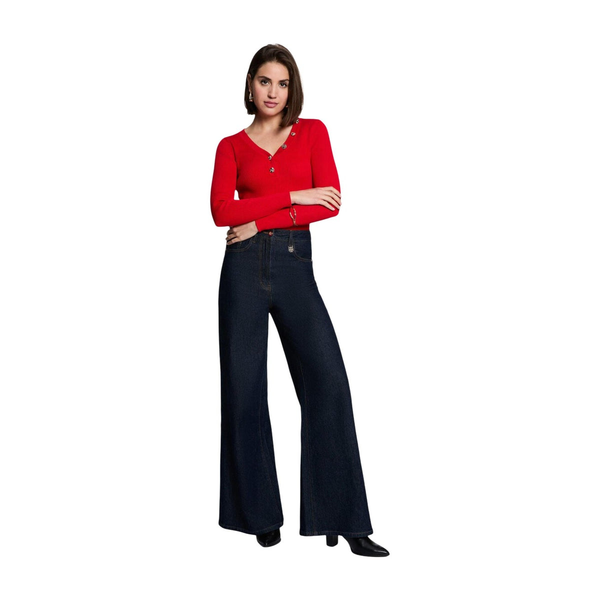 Maglia donna Morgan De Toi rossa – Maglione slim fit a costine con scollo a V 262-MBIZ.