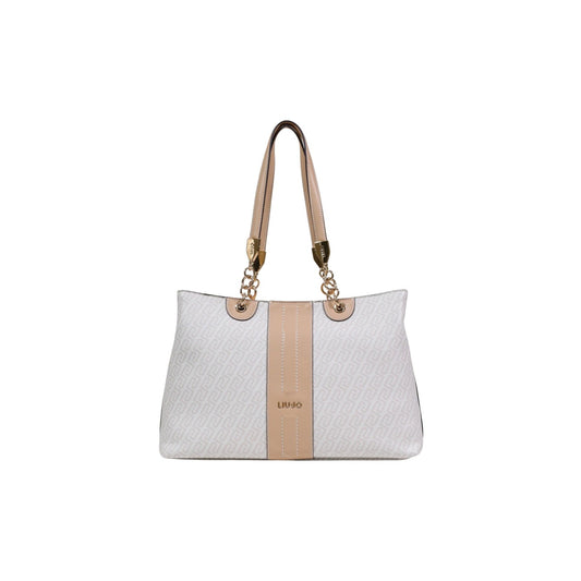 Borsa Tote Liu Jo M; 100% Poliuretano Bianco. Manici con catena dorata, logo metallico, interno multi-tasche. Borsa donna capiente, raffinata e di tendenza. Vista frontale 
